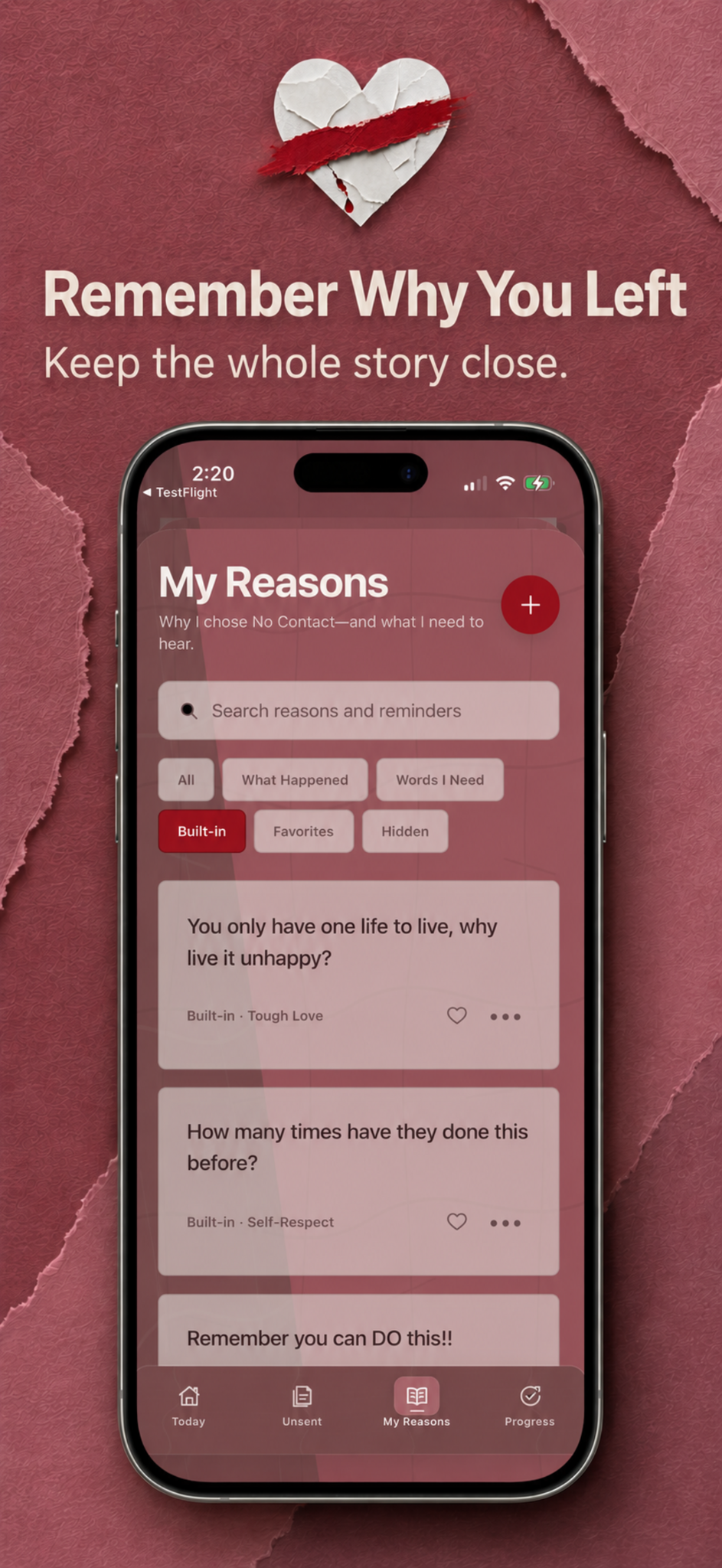No Contact Rule My Reasons screen with the words Remember Why You Left