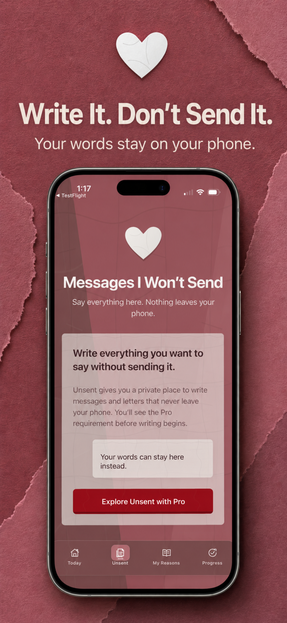 No Contact Rule Unsent messages screen with the words Write It. Don't Send It.