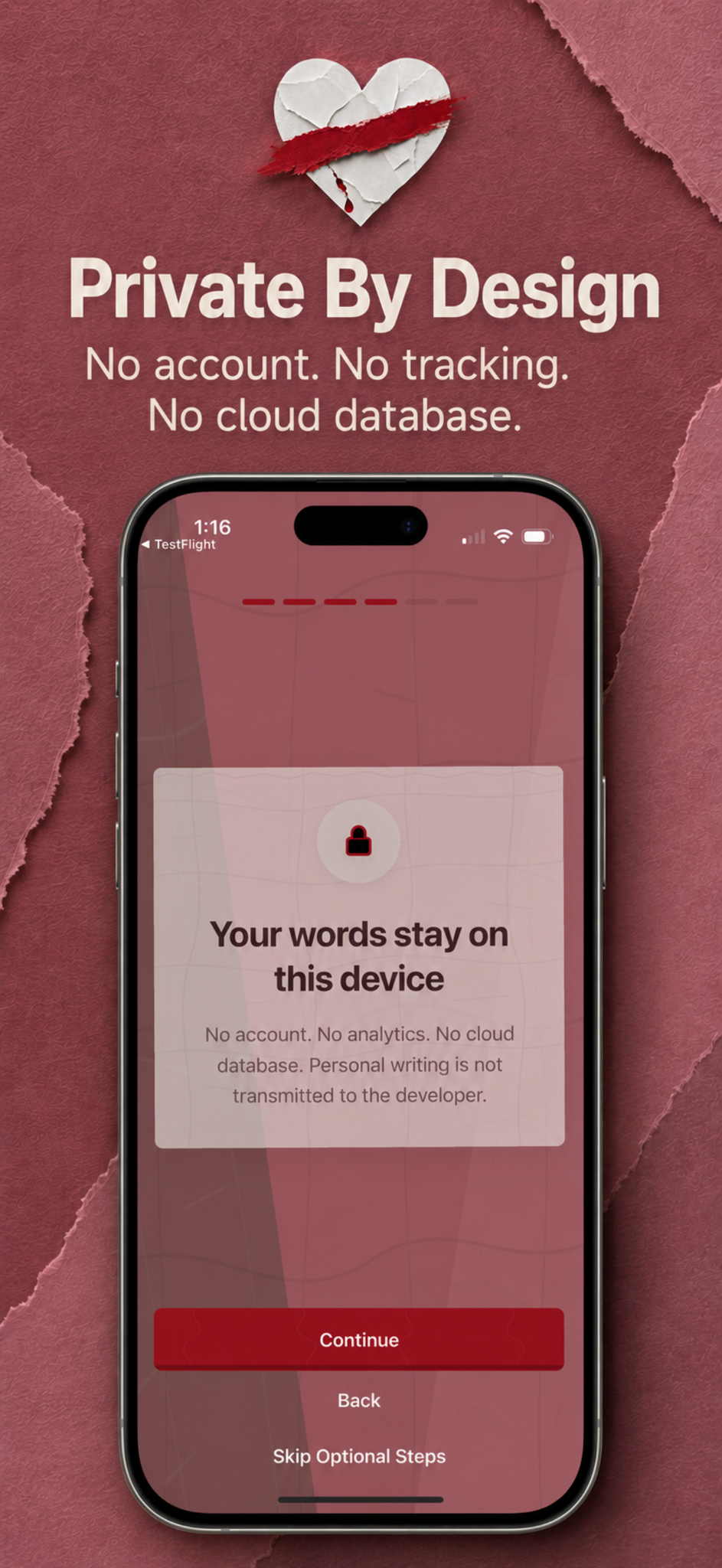 No Contact Rule privacy screen explaining that personal writing stays on the device